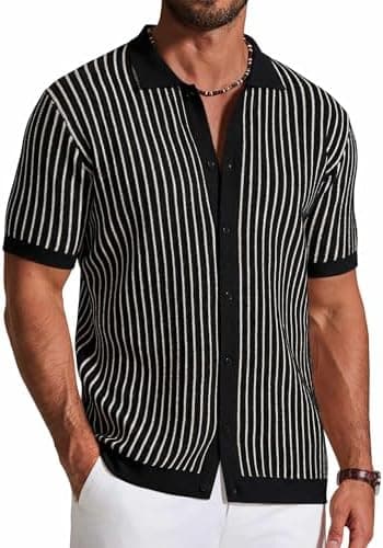 COOFANDY Mens Knit Button Down Shirts Short Sleeve Polo Shirt Vintage Striped Casual Shirts